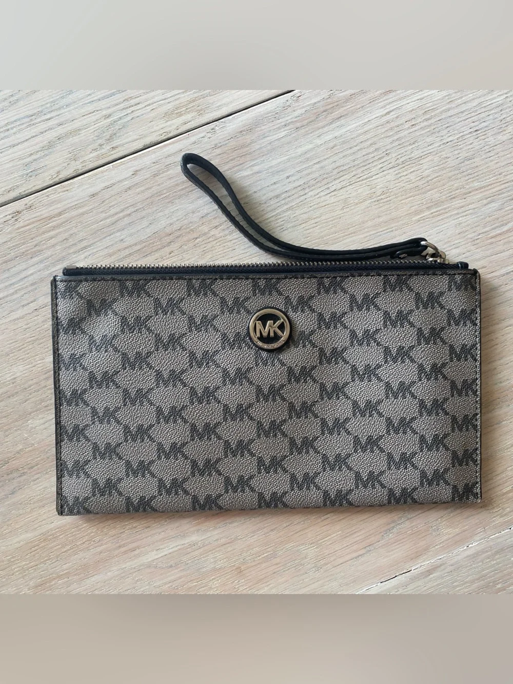 Michael Kors Taupe & Black MK Logo Wristlet